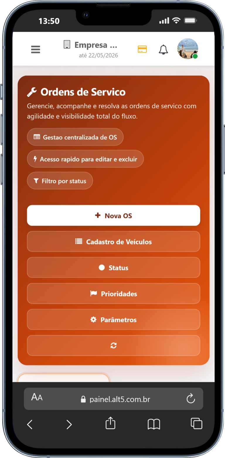 Tela mobile do AltOS mostrando gerenciamento de ordem de servico